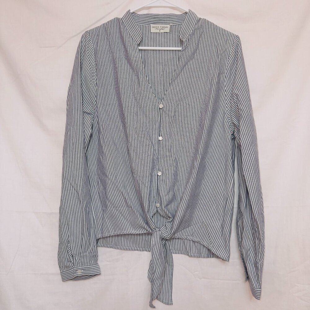 Dress Forum Blue White Striped Long Sleeve Button Up Tie Front Shirt size medium